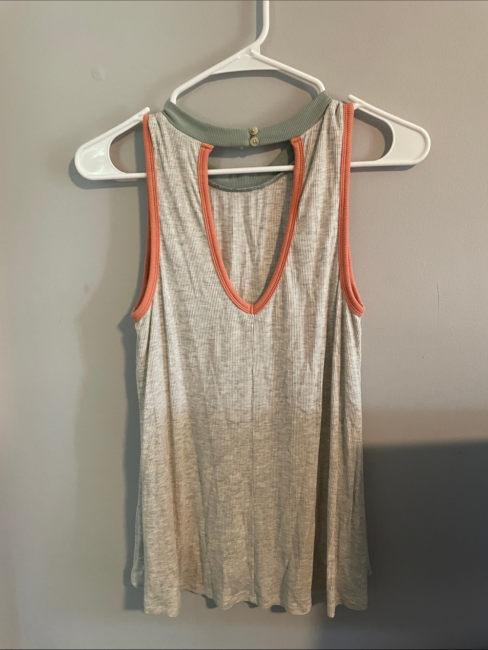 Hem & Thread Heather Gray Tank with Sage Neckline and Coral Trim - Picture 3 of 3